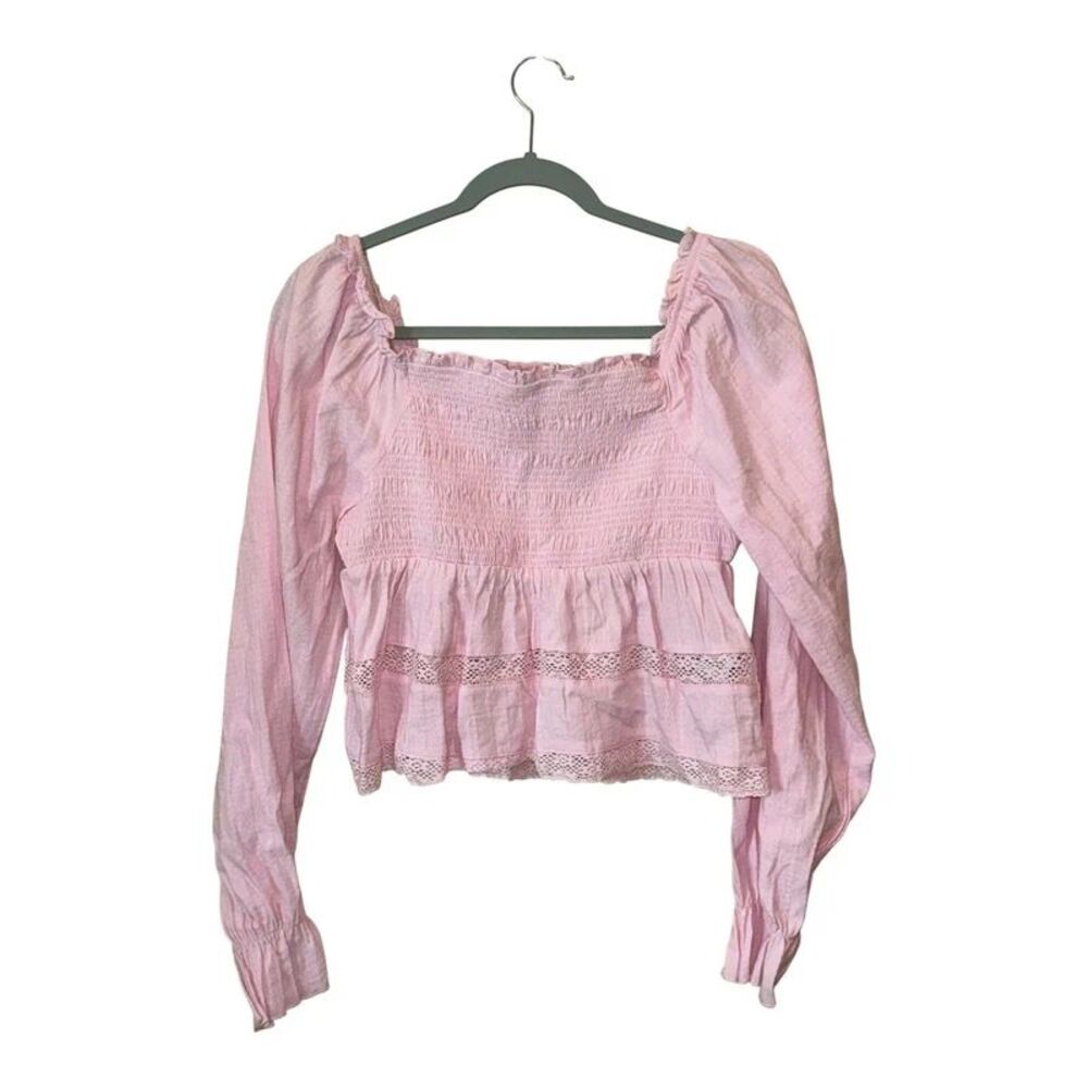 NEW Celebrity Pink Smocked Ruffle Lace Square Neck Cropped Blouse Pink Medium